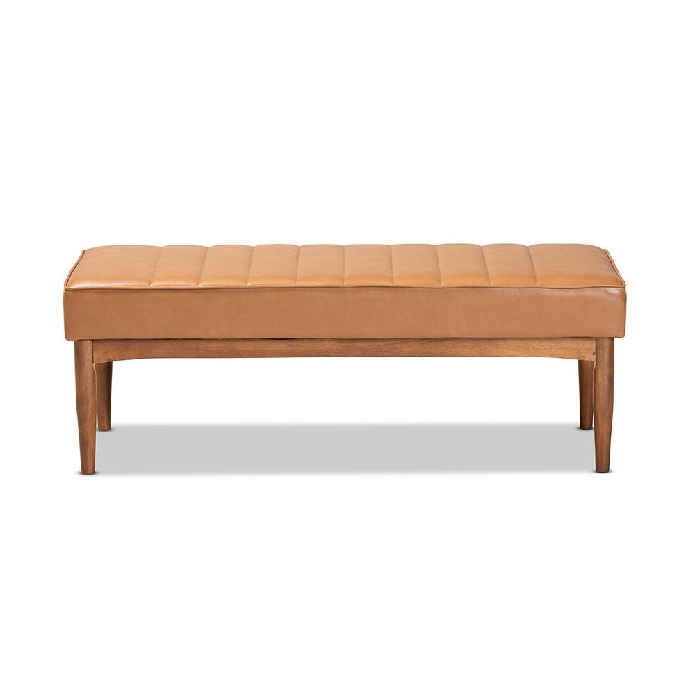 Leather Upholstered and Walnut Brown Finished Wood Dining Bench. Picture 2