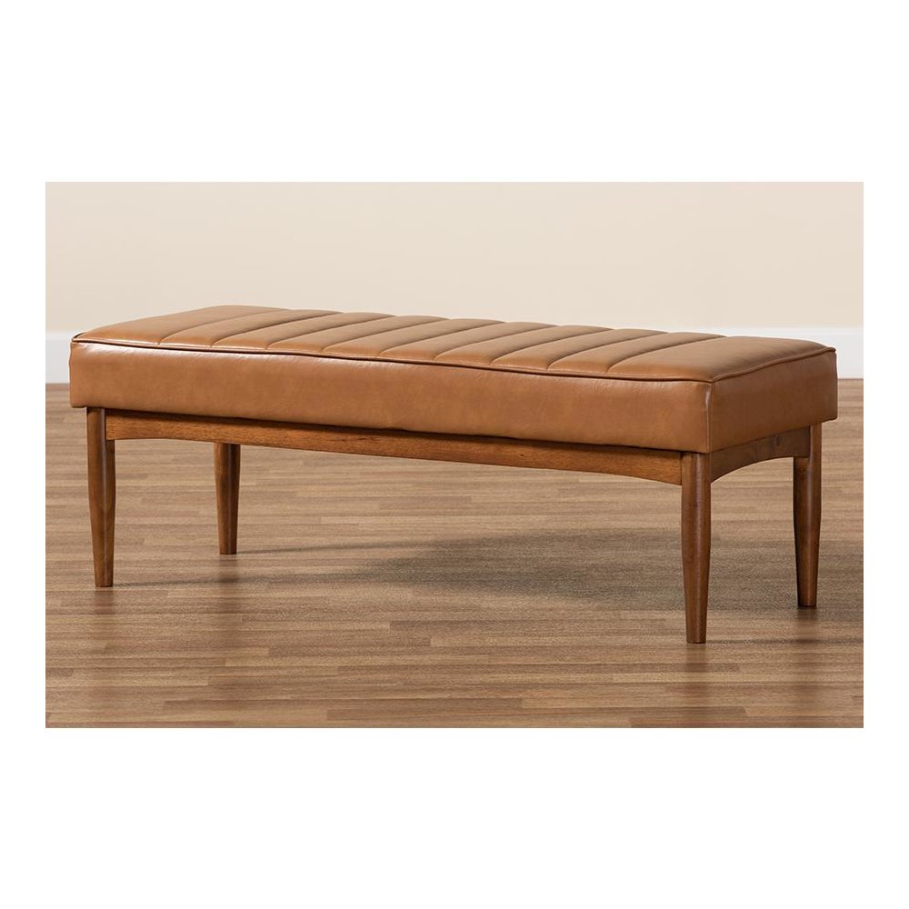 Leather Upholstered and Walnut Brown Finished Wood Dining Bench. Picture 6