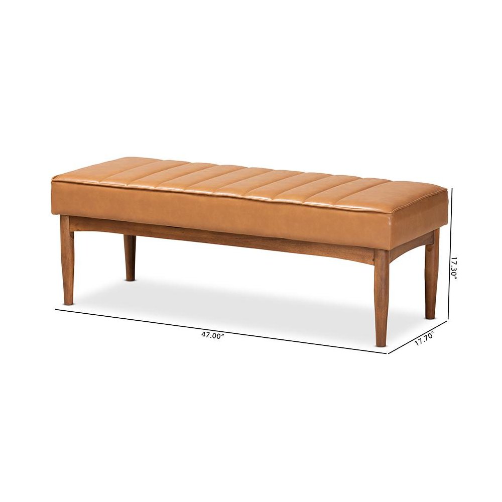 Leather Upholstered and Walnut Brown Finished Wood Dining Bench. Picture 7