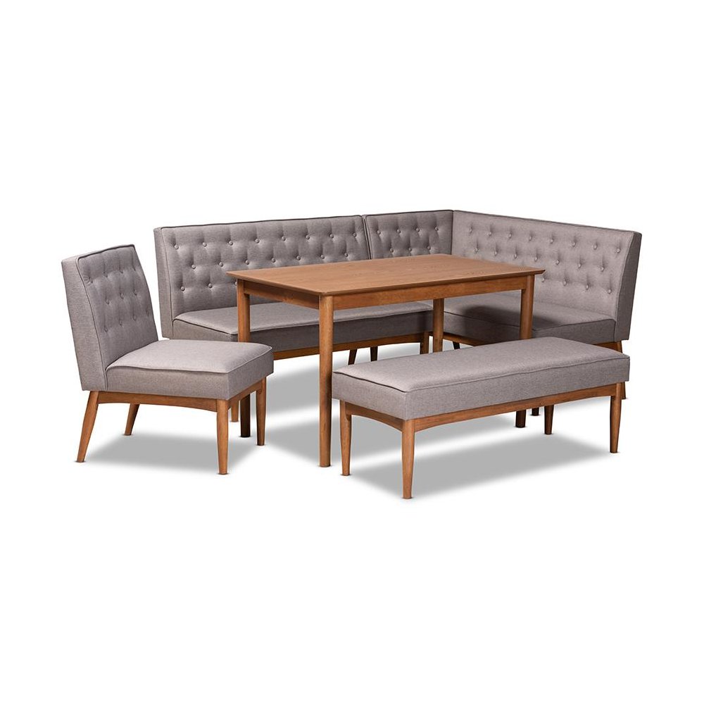 Grey Fabric Upholstered and Walnut Brown Finished Wood 5-Piece Dining Nook Set. Picture 1