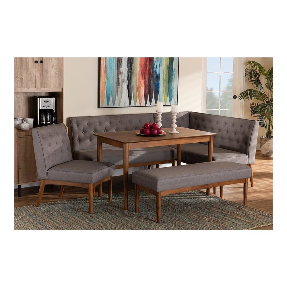 Grey Fabric Upholstered and Walnut Brown Finished Wood 5-Piece Dining Nook Set. Picture 10