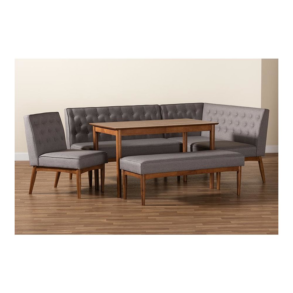 Grey Fabric Upholstered and Walnut Brown Finished Wood 5-Piece Dining Nook Set. Picture 11