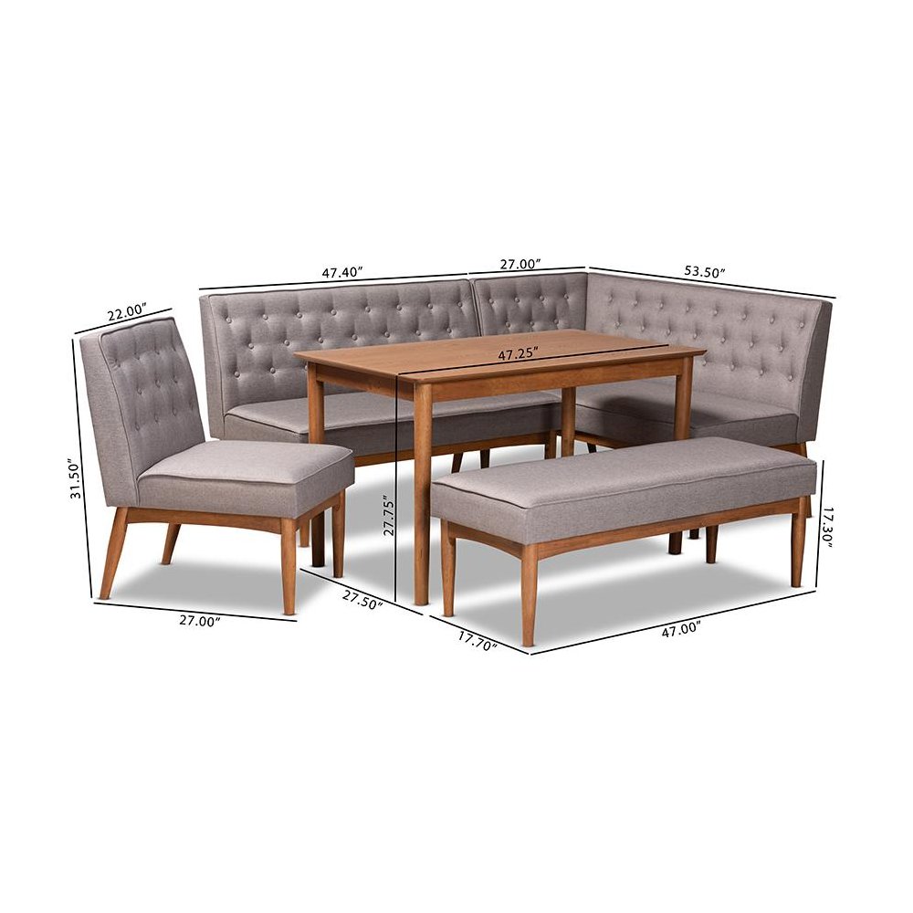 Grey Fabric Upholstered and Walnut Brown Finished Wood 5-Piece Dining Nook Set. Picture 12