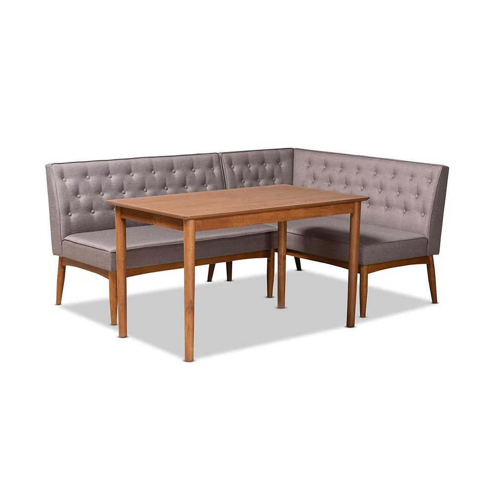 Grey Fabric Upholstered and Walnut Brown Finished Wood 3-Piece Dining Nook Set. Picture 1