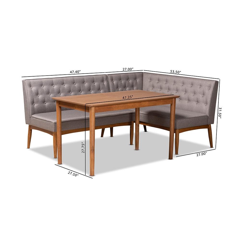 Grey Fabric Upholstered and Walnut Brown Finished Wood 3-Piece Dining Nook Set. Picture 10