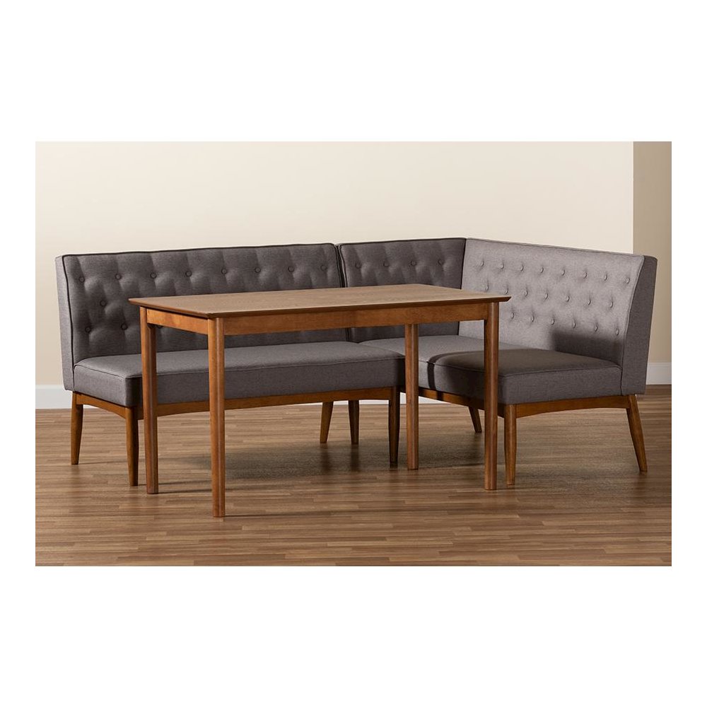 Grey Fabric Upholstered and Walnut Brown Finished Wood 3-Piece Dining Nook Set. Picture 9