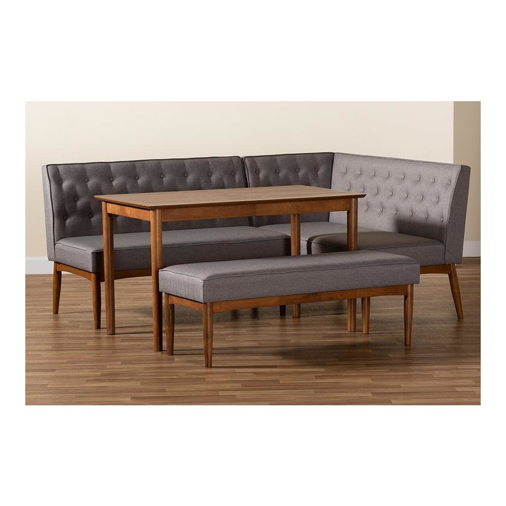 Grey Fabric Upholstered and Walnut Brown Finished Wood 4-Piece Dining Nook Set. Picture 10