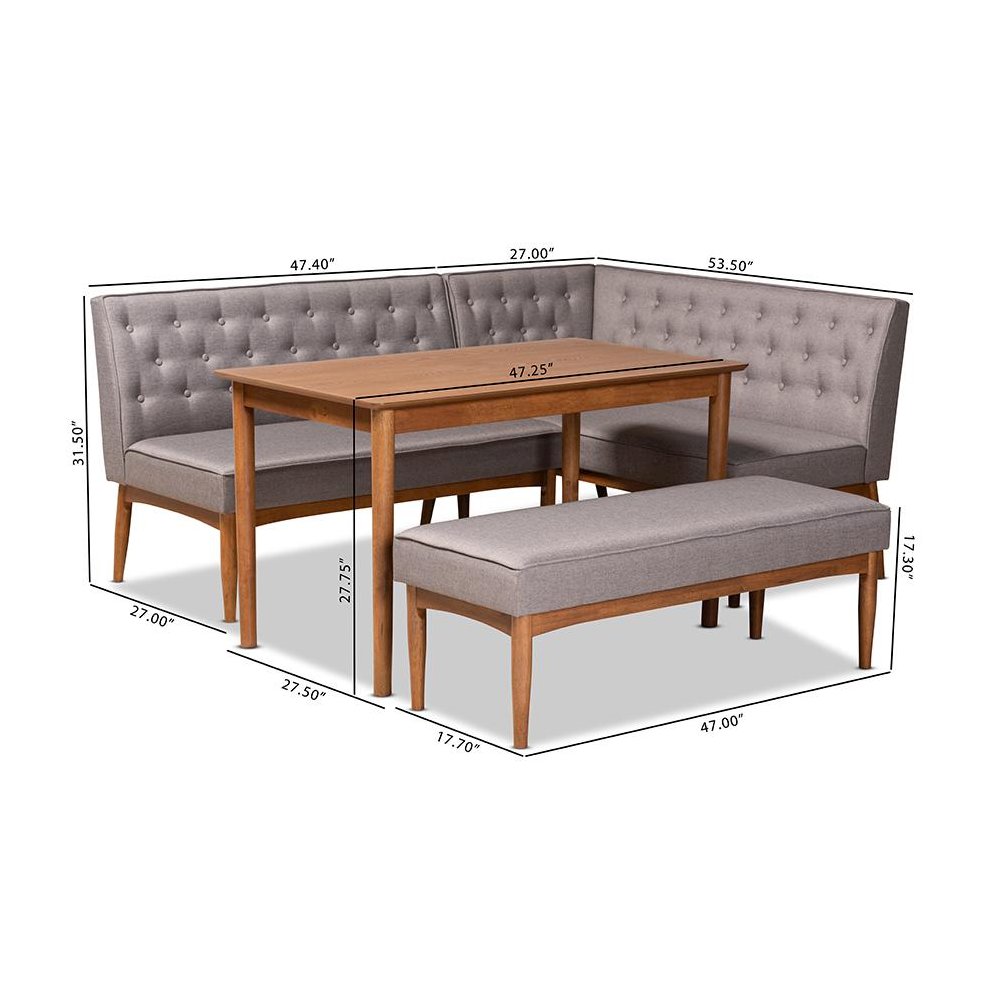 Grey Fabric Upholstered and Walnut Brown Finished Wood 4-Piece Dining Nook Set. Picture 11