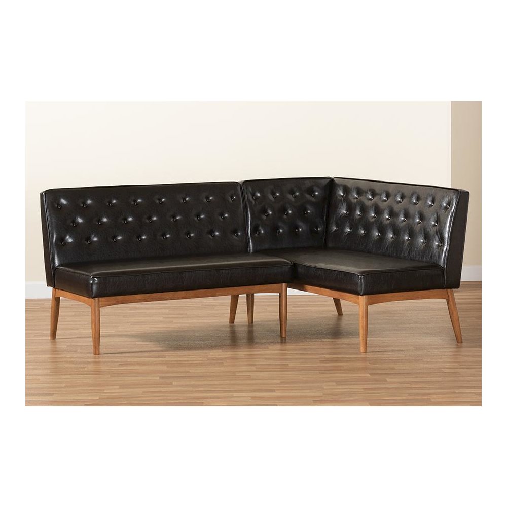 Leather Upholstered Walnut Brown Finished Wood 2-Piece Dining Nook Banquette Set. Picture 7