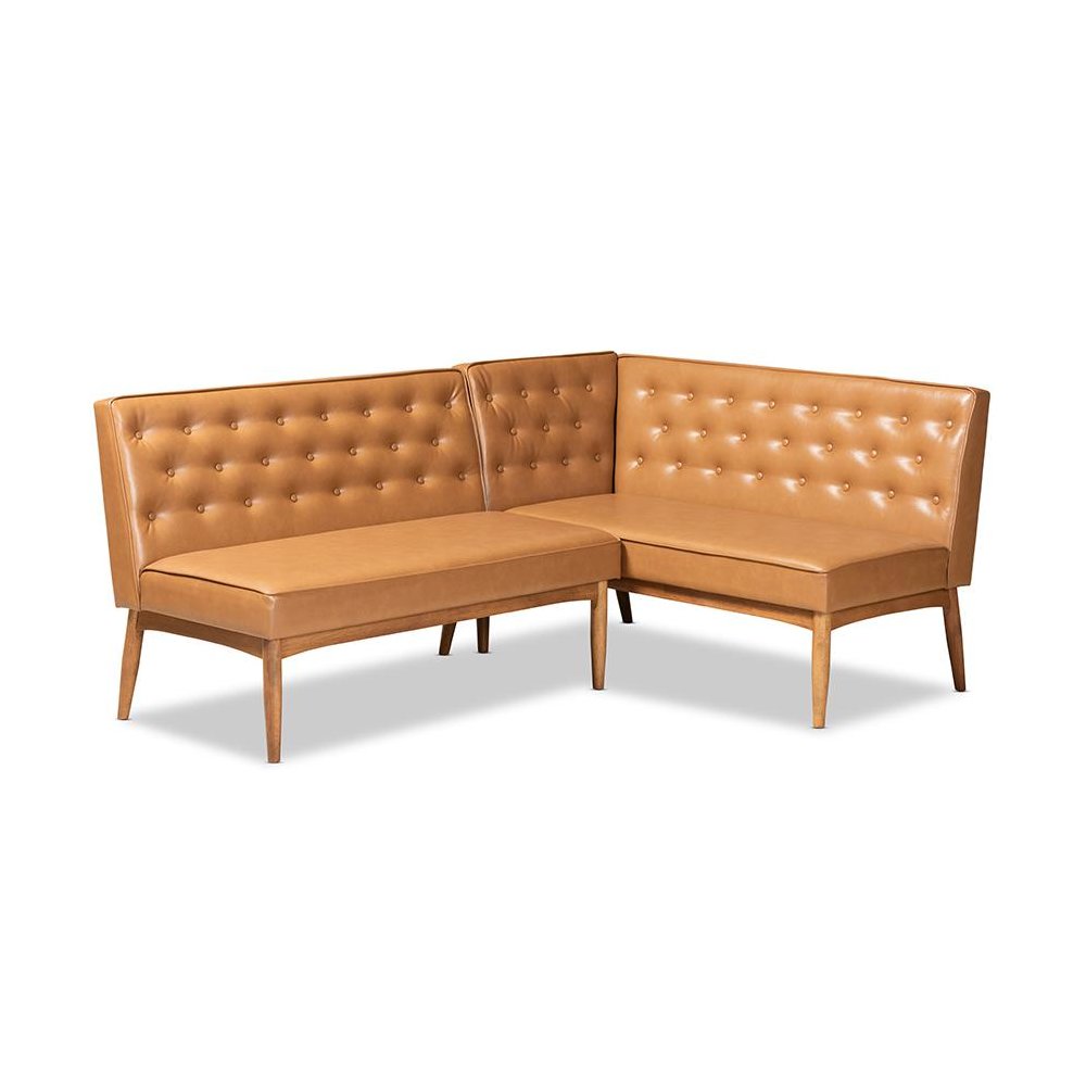 Leather Upholstered Walnut Brown Finished Wood 2-Piece Dining Nook Banquette Set. Picture 1