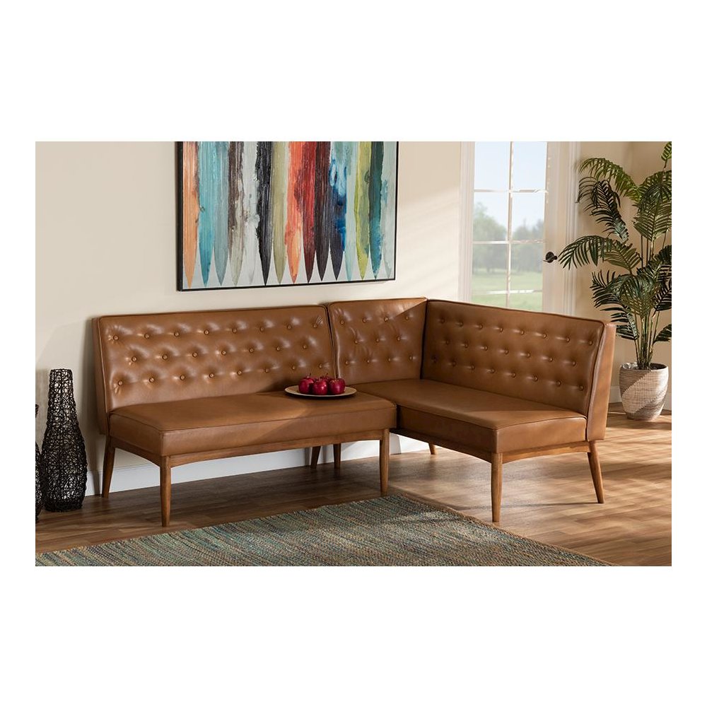 Leather Upholstered Walnut Brown Finished Wood 2-Piece Dining Nook Banquette Set. Picture 6