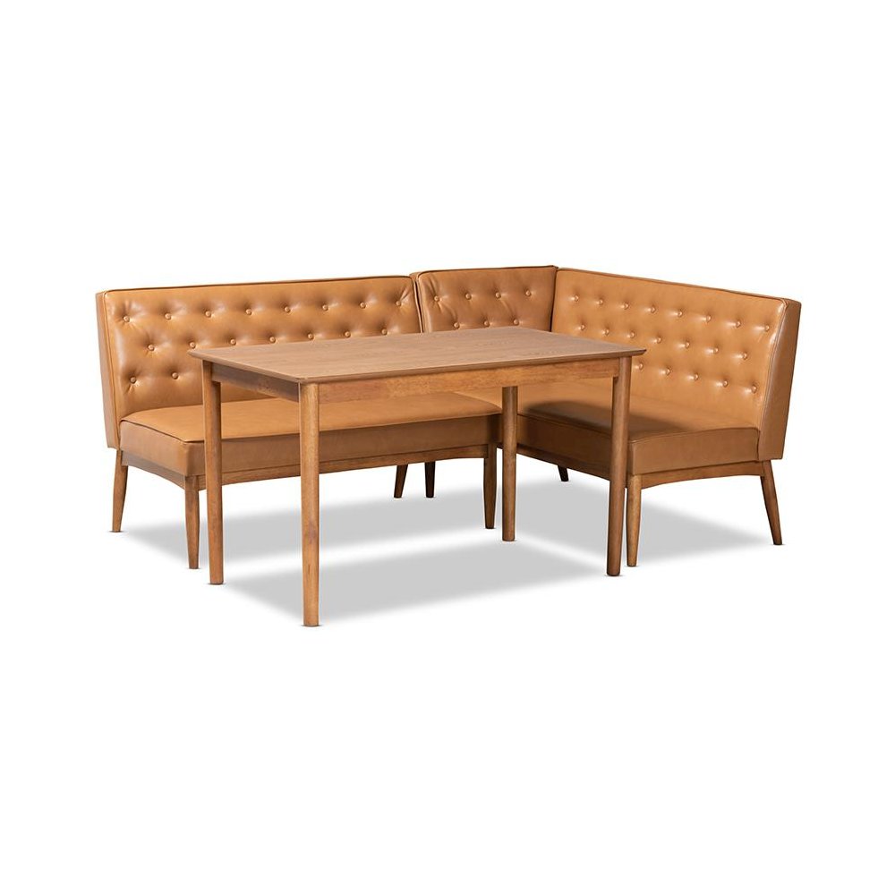 Leather Upholstered and Walnut Brown Finished Wood 3-Piece Dining Nook Set. Picture 1
