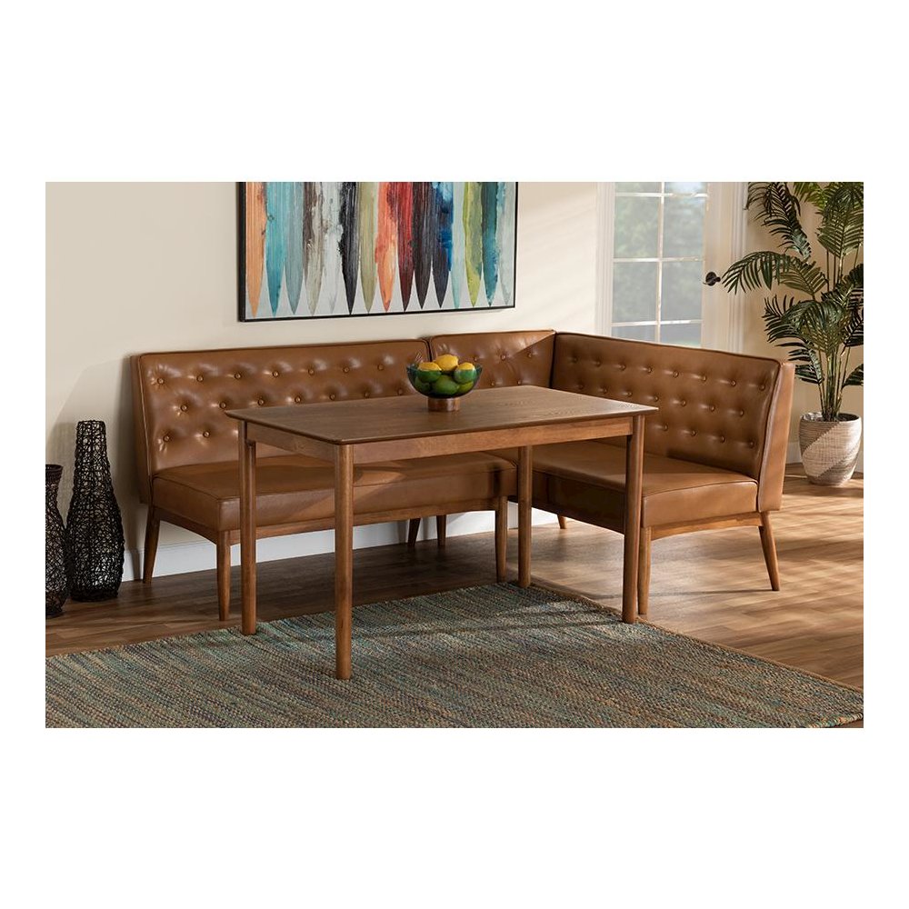 Leather Upholstered and Walnut Brown Finished Wood 3-Piece Dining Nook Set. Picture 8