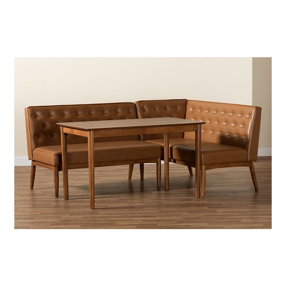 Leather Upholstered and Walnut Brown Finished Wood 3-Piece Dining Nook Set. Picture 9