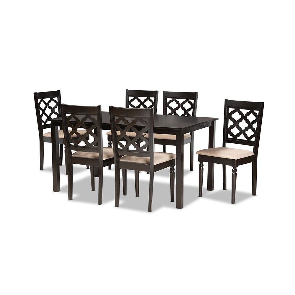 Sand Fabric Upholstered and Dark Brown Finished Wood 7-Piece Dining Set. Picture 1