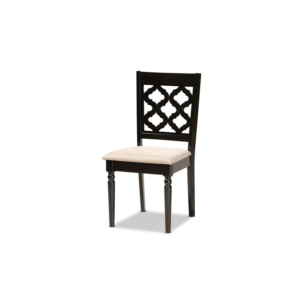 Sand Fabric Upholstered and Dark Brown Finished Wood 7-Piece Dining Set. Picture 2
