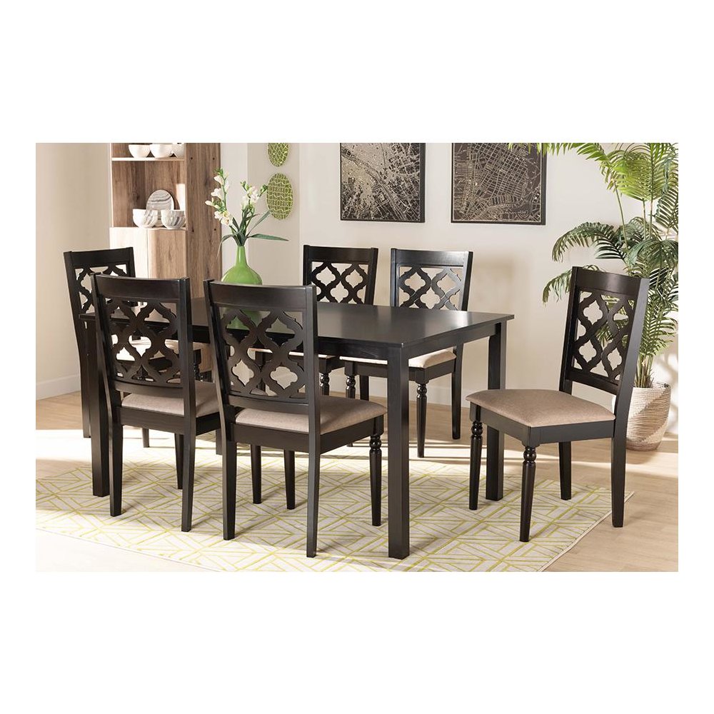Sand Fabric Upholstered and Dark Brown Finished Wood 7-Piece Dining Set. Picture 7