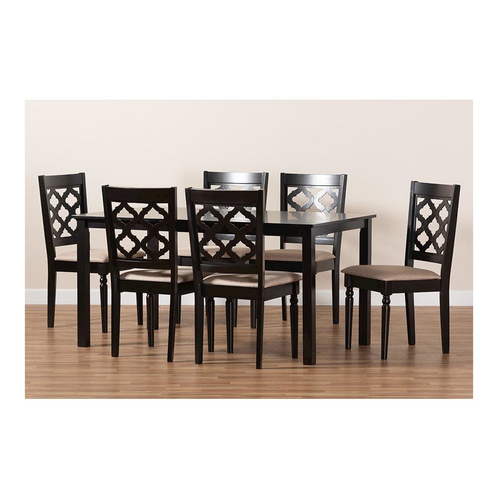 Sand Fabric Upholstered and Dark Brown Finished Wood 7-Piece Dining Set. Picture 8