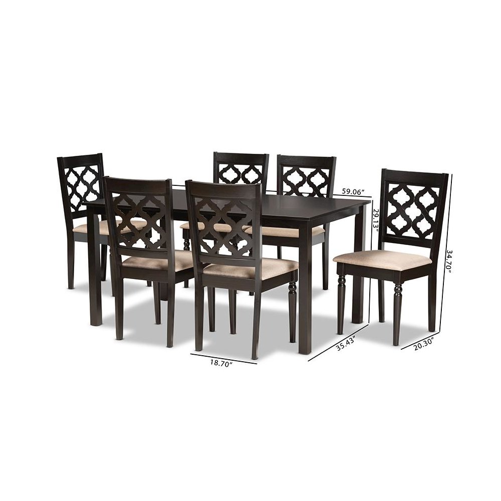 Sand Fabric Upholstered and Dark Brown Finished Wood 7-Piece Dining Set. Picture 9