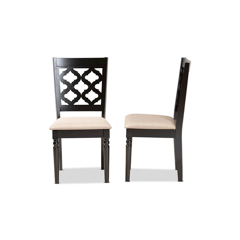 Sand Fabric Upholstered and Dark Brown Finished Wood 2-Piece Dining Chair Set. Picture 3