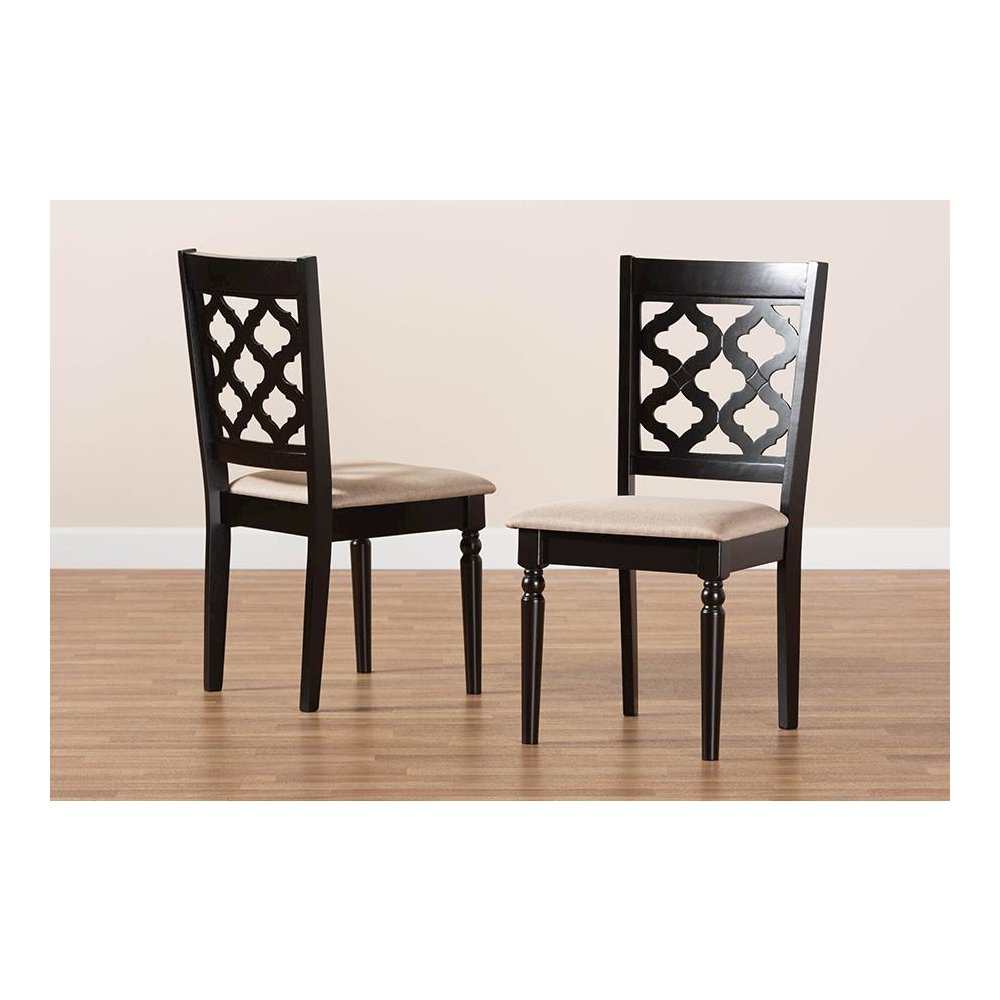 Sand Fabric Upholstered and Dark Brown Finished Wood 2-Piece Dining Chair Set. Picture 7