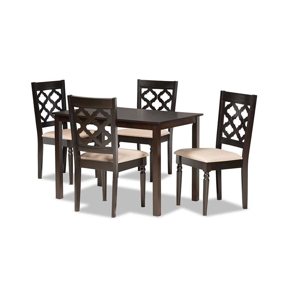 Sand Fabric Upholstered and Dark Brown Finished Wood 5-Piece Dining Set. Picture 1