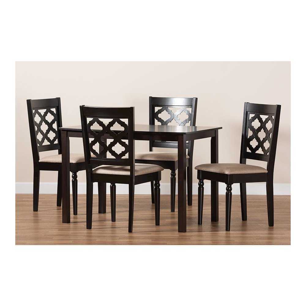 Sand Fabric Upholstered and Dark Brown Finished Wood 5-Piece Dining Set. Picture 8