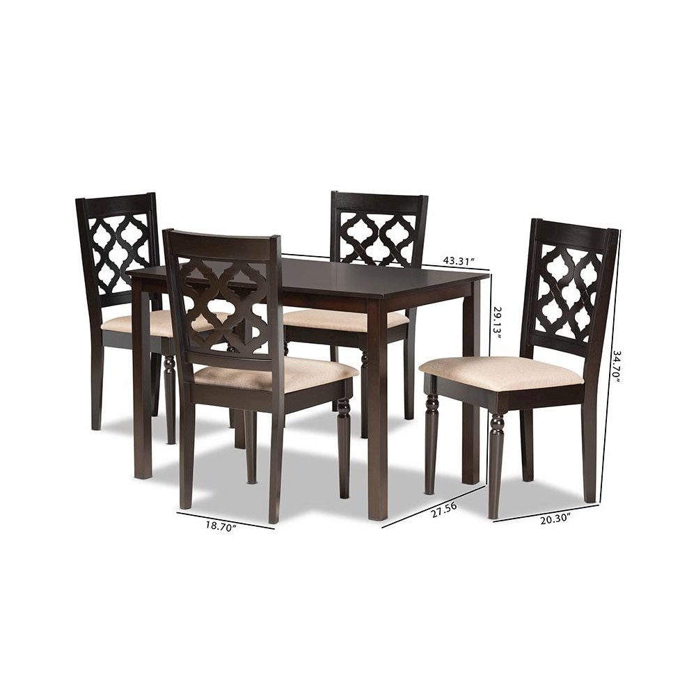 Sand Fabric Upholstered and Dark Brown Finished Wood 5-Piece Dining Set. Picture 9