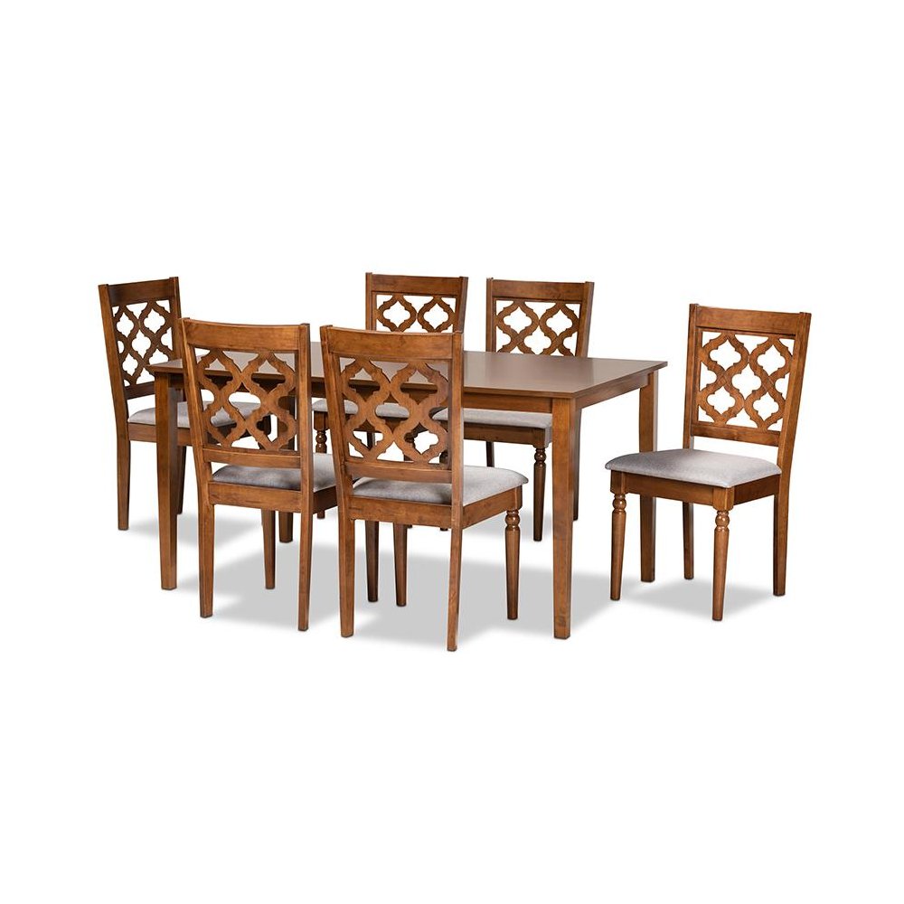 Grey Fabric Upholstered and Walnut Brown Finished Wood 7-Piece Dining Set. Picture 1