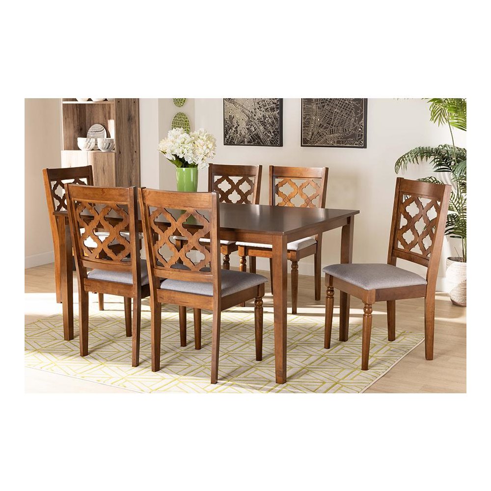 Grey Fabric Upholstered and Walnut Brown Finished Wood 7-Piece Dining Set. Picture 7