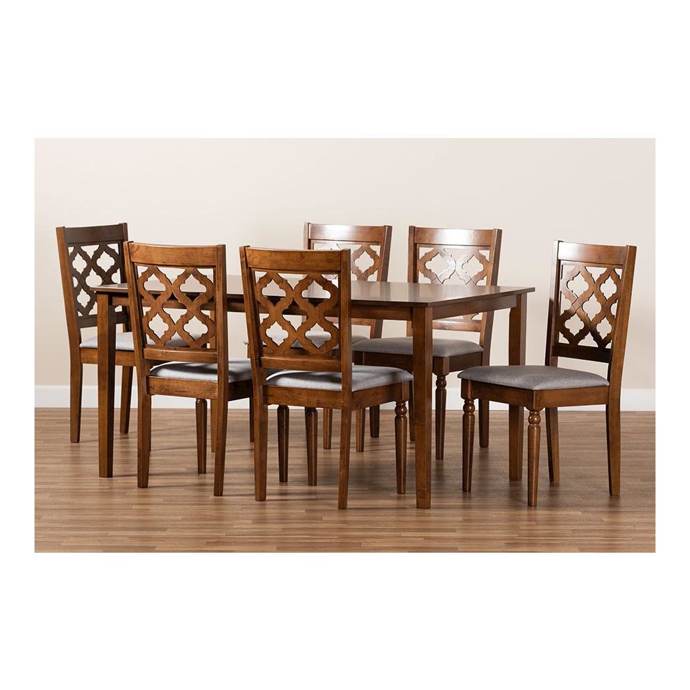 Grey Fabric Upholstered and Walnut Brown Finished Wood 7-Piece Dining Set. Picture 8