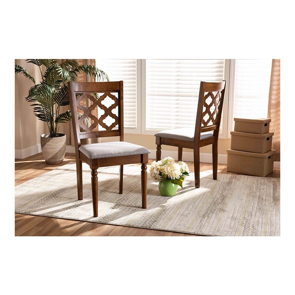 Grey Fabric Upholstered and Walnut Brown Finished Wood 2-Piece Dining Chair Set. Picture 6