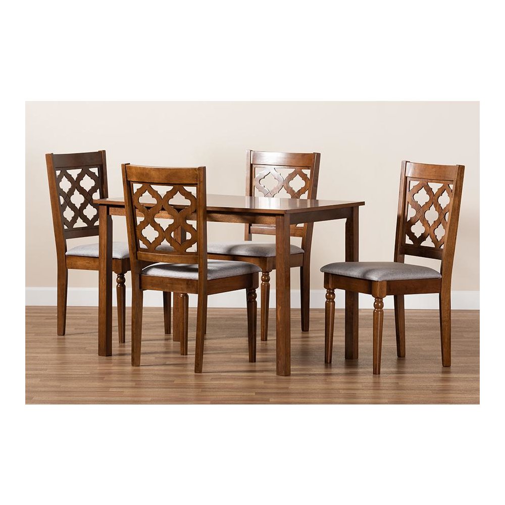 Grey Fabric Upholstered and Walnut Brown Finished Wood 5-Piece Dining Set. Picture 8