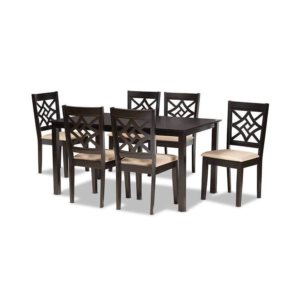 Sand Fabric Upholstered and Dark Brown Finished Wood 7-Piece Dining Set. Picture 1