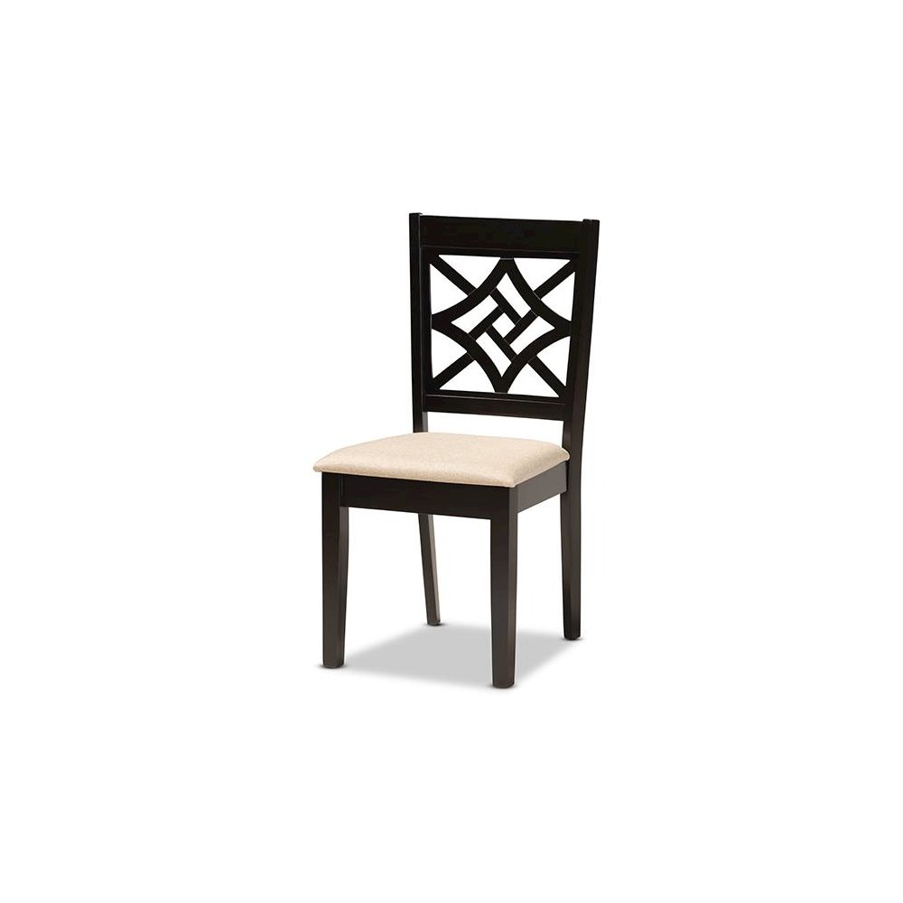 Sand Fabric Upholstered and Dark Brown Finished Wood 7-Piece Dining Set. Picture 2
