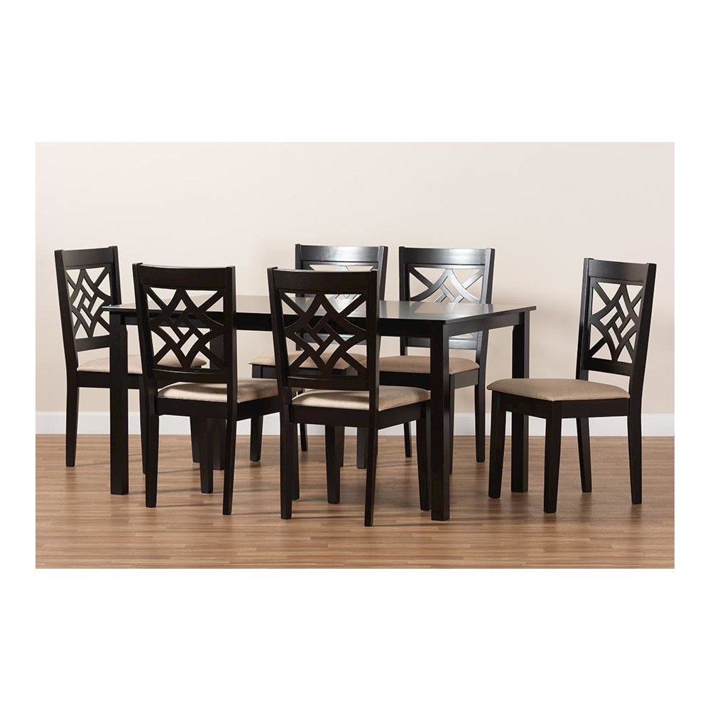 Sand Fabric Upholstered and Dark Brown Finished Wood 7-Piece Dining Set. Picture 8
