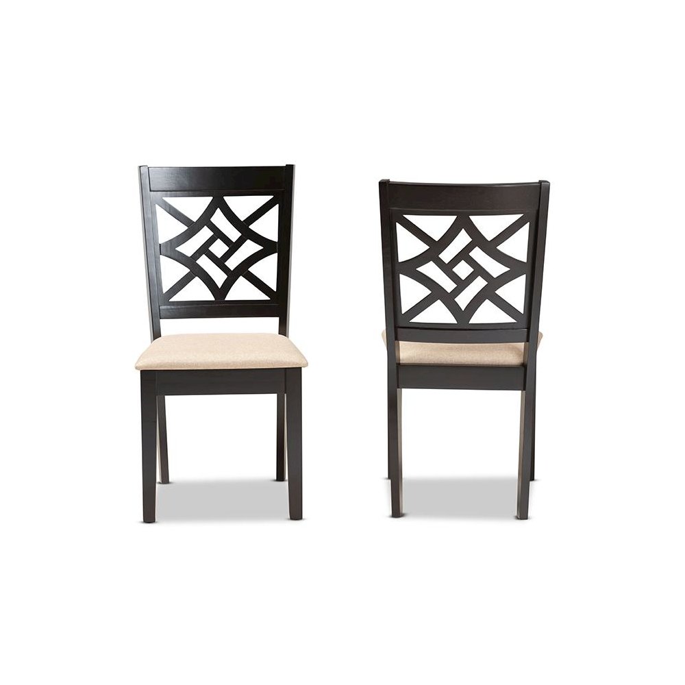Sand Fabric Upholstered and Dark Brown Finished Wood 2-Piece Dining Chair Set. Picture 2