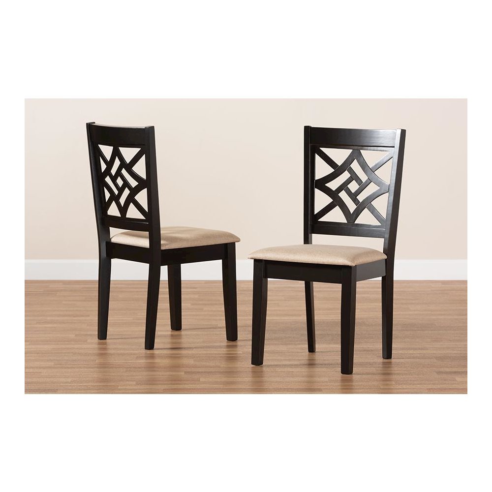 Sand Fabric Upholstered and Dark Brown Finished Wood 2-Piece Dining Chair Set. Picture 7