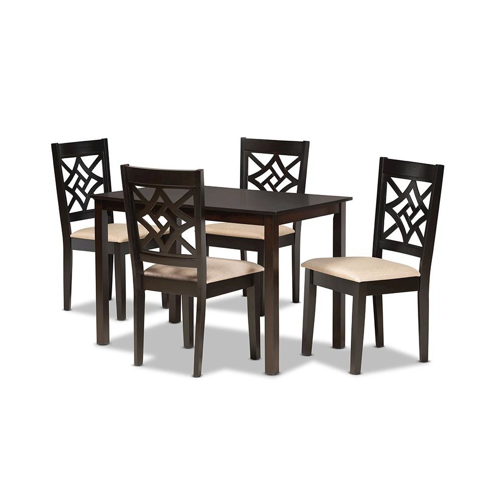 Sand Fabric Upholstered and Dark Brown Finished Wood 5-Piece Dining Set. Picture 1