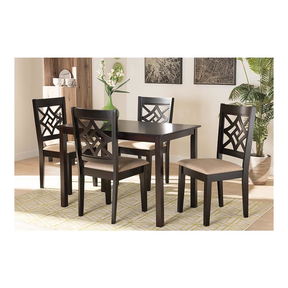 Sand Fabric Upholstered and Dark Brown Finished Wood 5-Piece Dining Set. Picture 7