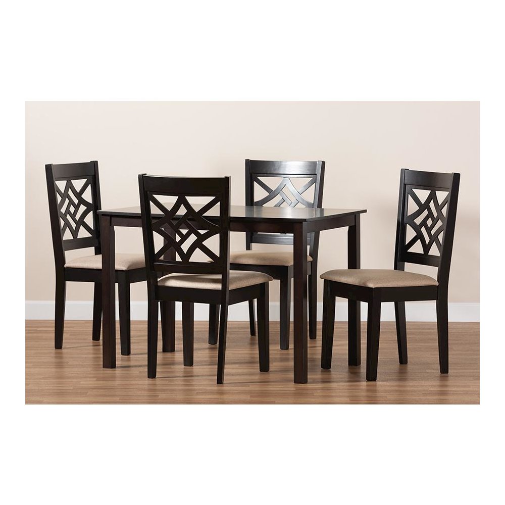 Sand Fabric Upholstered and Dark Brown Finished Wood 5-Piece Dining Set. Picture 8