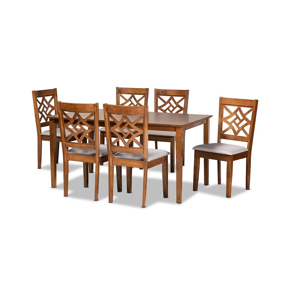 Grey Fabric Upholstered and Walnut Brown Finished Wood 7-Piece Dining Set. Picture 1