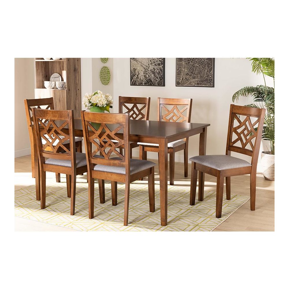 Grey Fabric Upholstered and Walnut Brown Finished Wood 7-Piece Dining Set. Picture 7
