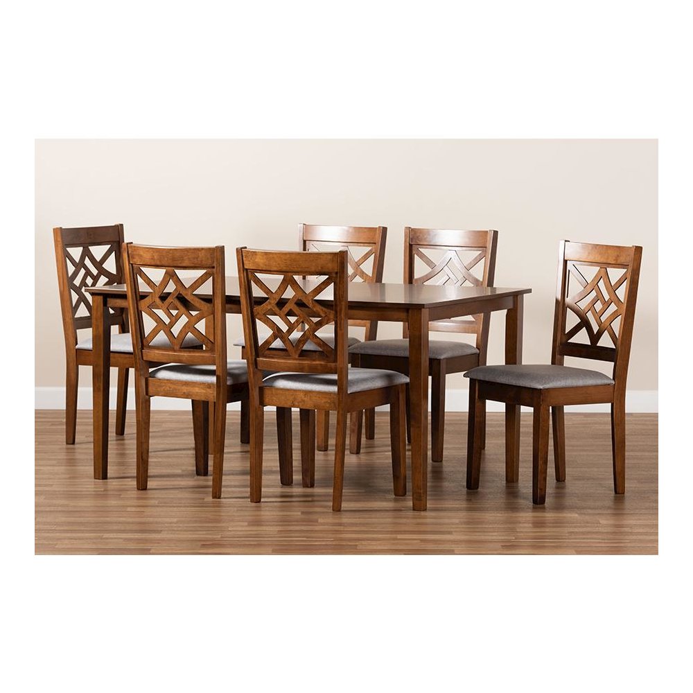Grey Fabric Upholstered and Walnut Brown Finished Wood 7-Piece Dining Set. Picture 8