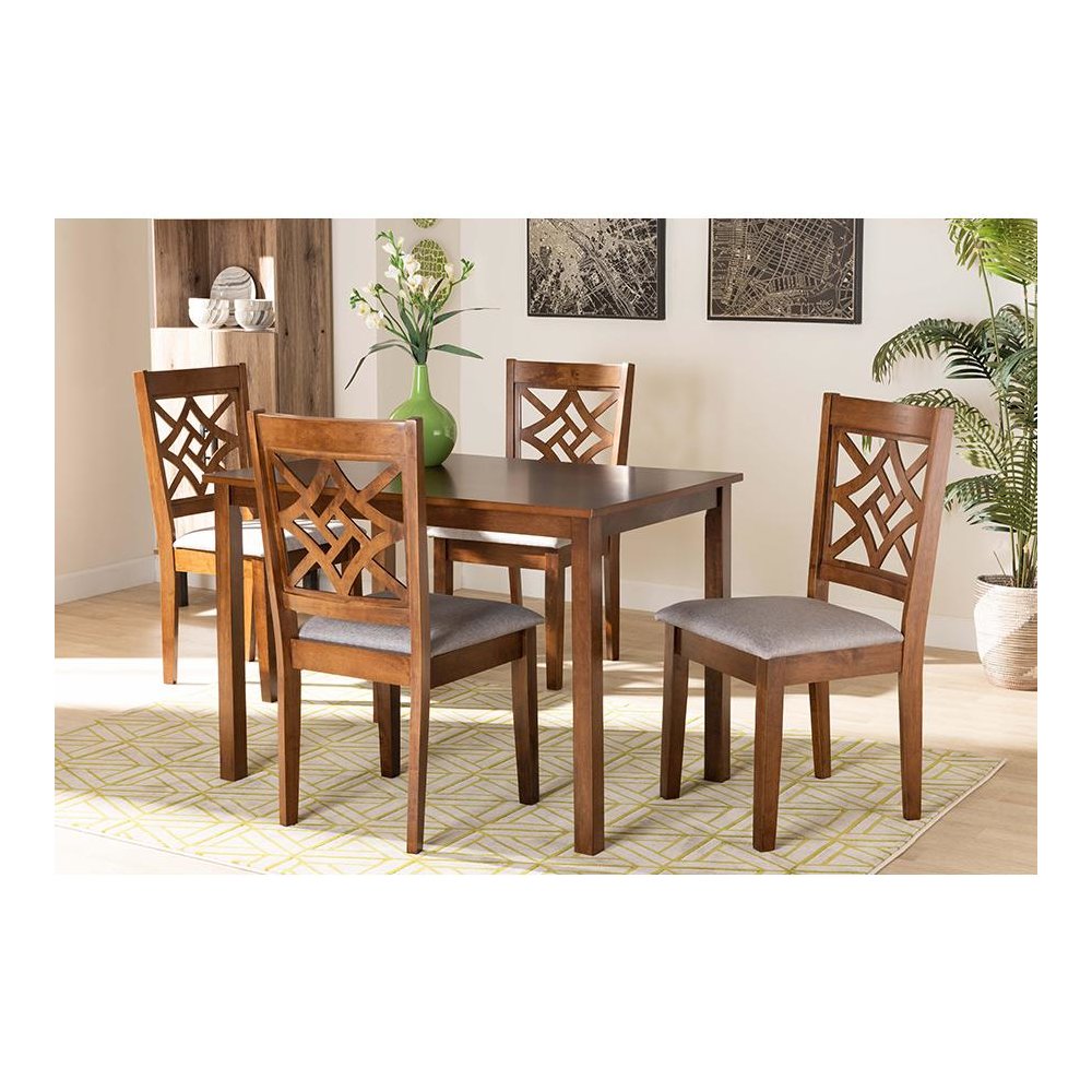 Grey Fabric Upholstered and Walnut Brown Finished Wood 5-Piece Dining Set. Picture 7