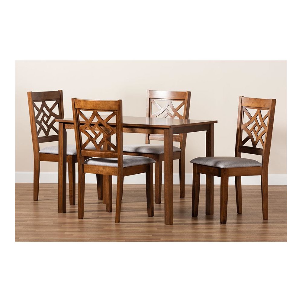 Grey Fabric Upholstered and Walnut Brown Finished Wood 5-Piece Dining Set. Picture 8