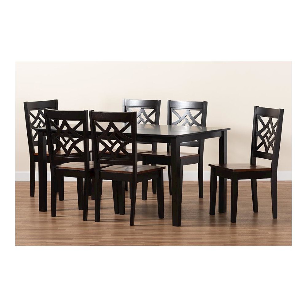 Two-Tone Dark Brown and Walnut Brown Finished Wood 7-Piece Dining Set. Picture 8