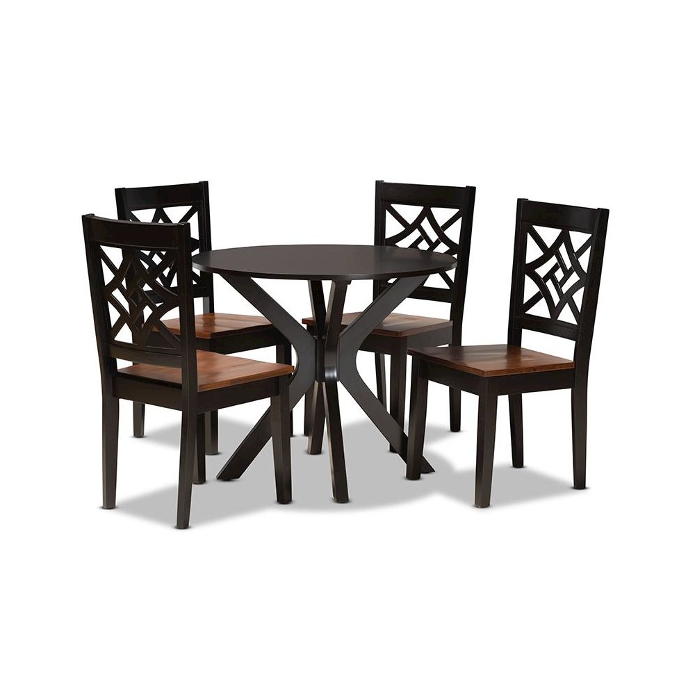 Two-Tone Dark Brown and Walnut Brown Finished Wood 5-Piece Dining Set. Picture 1