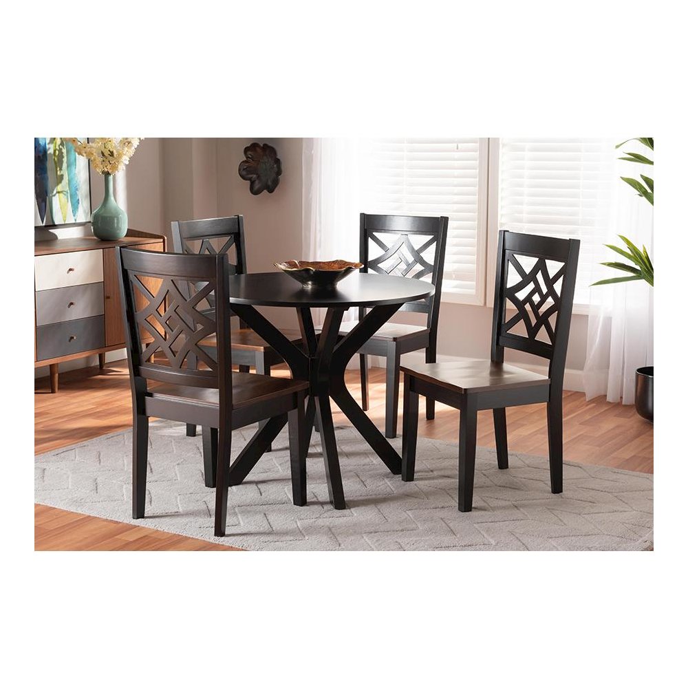 Two-Tone Dark Brown and Walnut Brown Finished Wood 5-Piece Dining Set. Picture 7