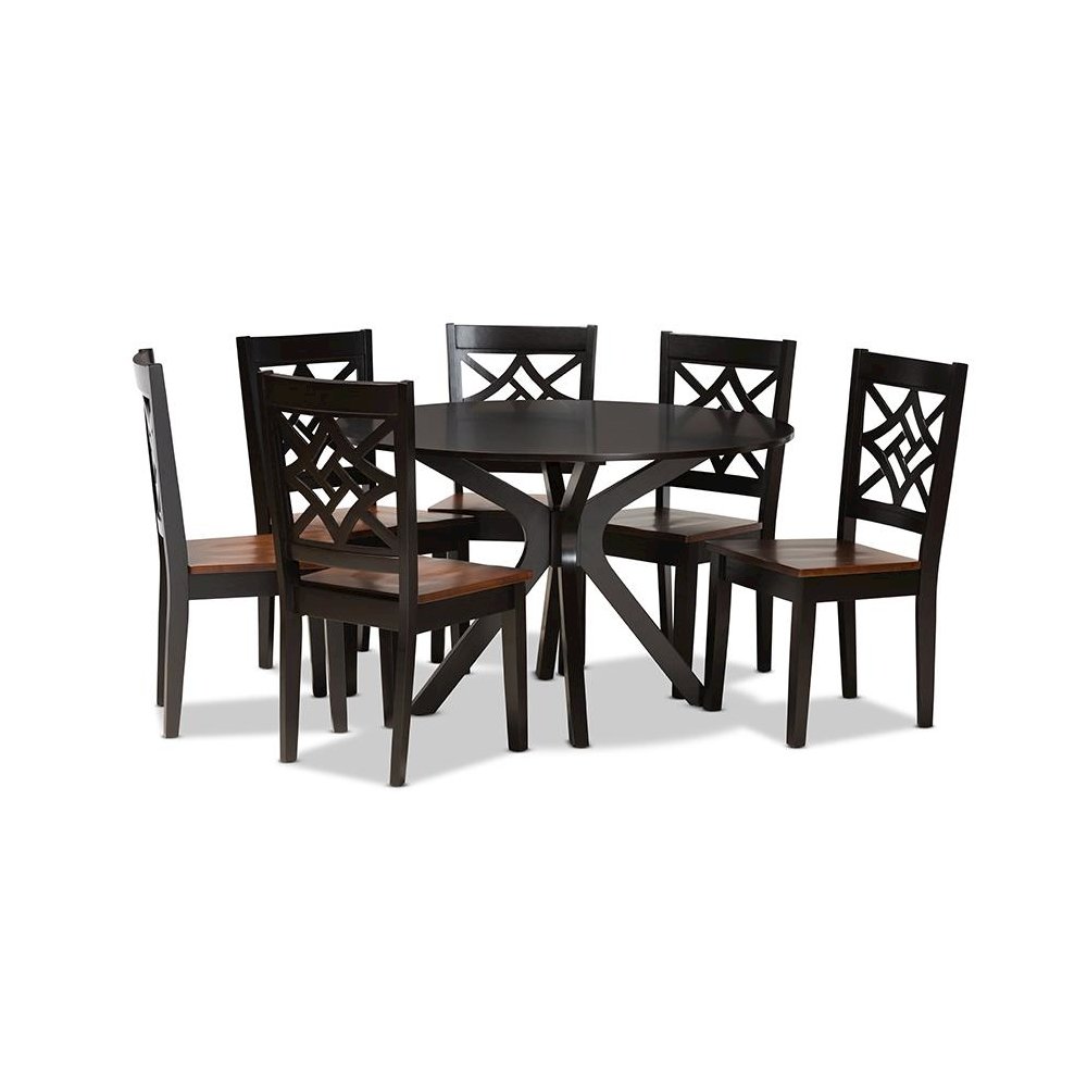 Two-Tone Dark Brown and Walnut Brown Finished Wood 7-Piece Dining Set. Picture 1